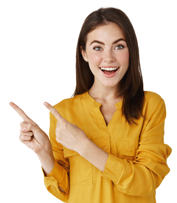 excited-young-woman-showing-banner-pointing-fingers-left-smiling-camera-standing-amazed-white-wall